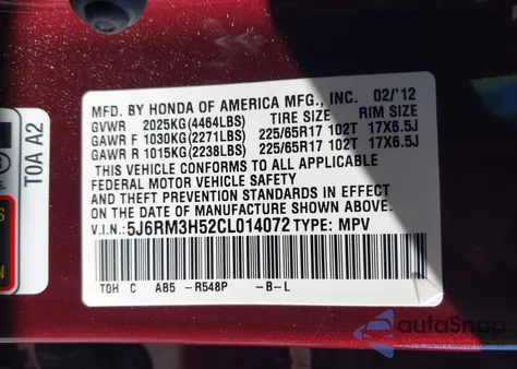 2012 Honda Cr-V Ex from USA, damaged, VIN 5J6RM3H52CL014072